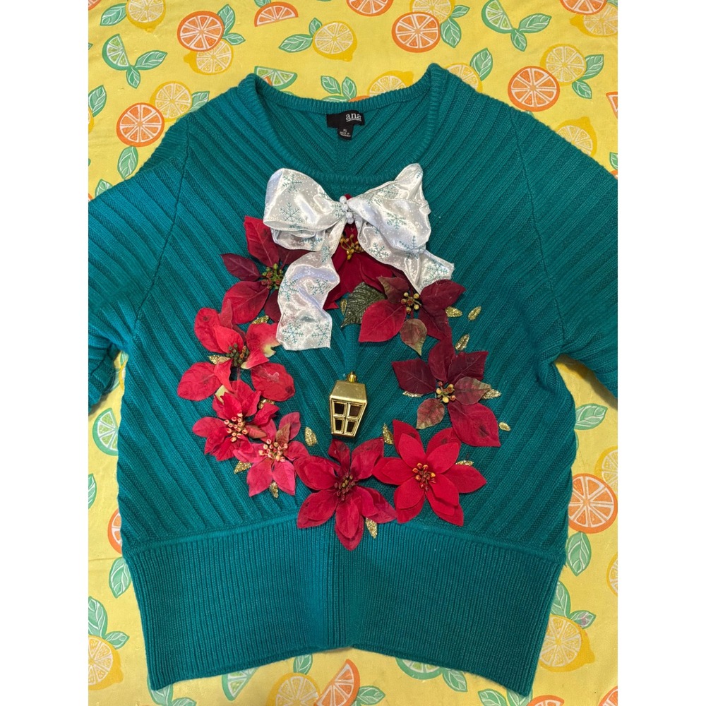 Ugly Christmas Womens ana‎ Wreath Embellished Sweater XL Teal Blue